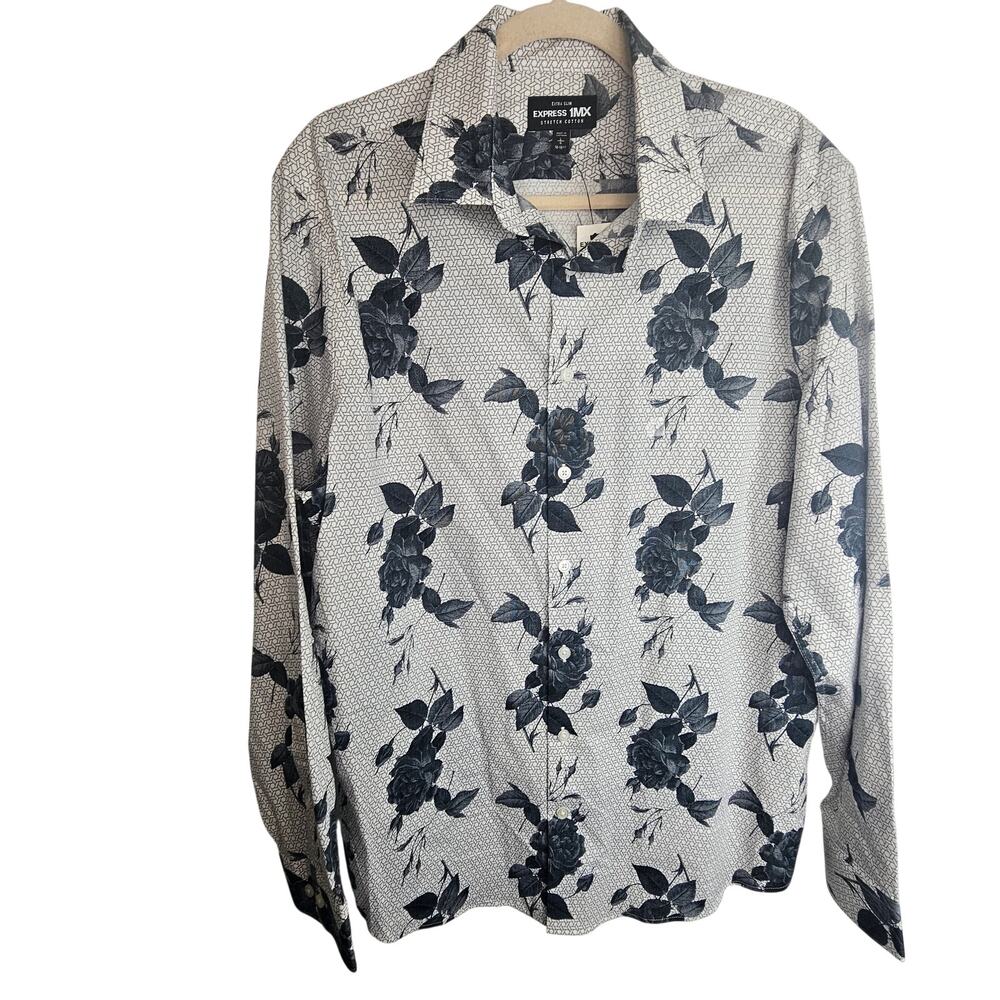 Express 1MX Mens Floral Button Shirt Size L Stretch Extra Slim Indie Going Out